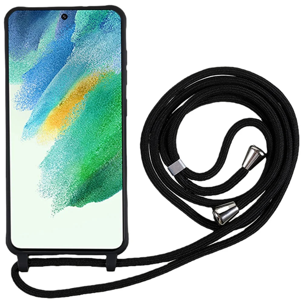 For Samsung Galaxy S21 FE 5G Shockproof Back Cover Flexible TPU Phone Case with Lanyard - Black - 2