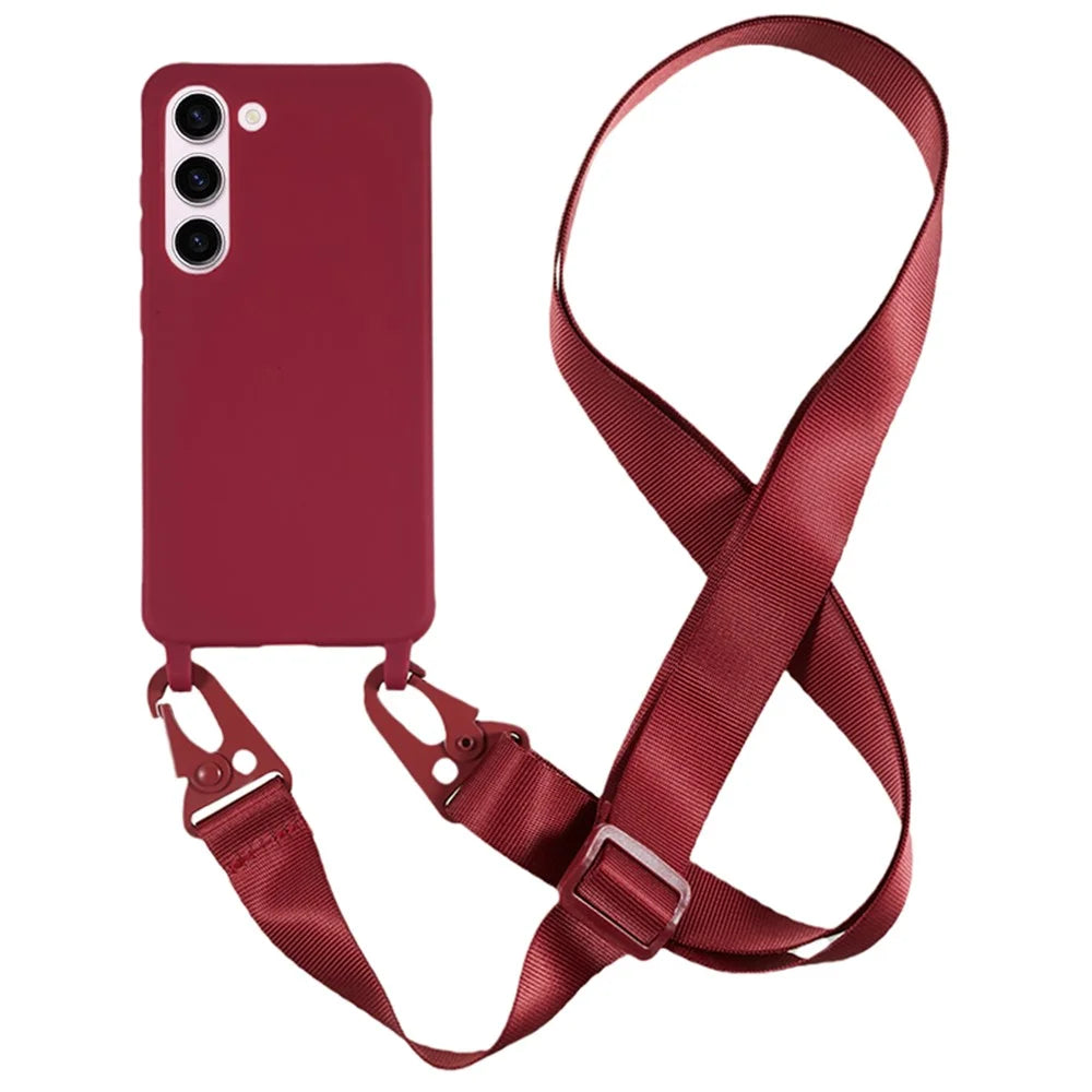 For Samsung Galaxy S23 Matte Soft TPU Case Anti-drop Phone Cover with Wide Lanyard - Wine Red - 1