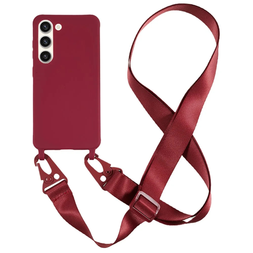 For Samsung Galaxy S23+ Soft TPU Phone Case Matte Finish Smartphone Cover with Wide Lanyard - Wine Red - 1