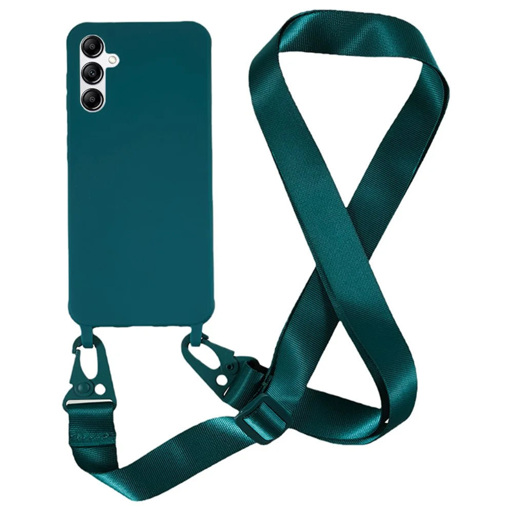 Soft TPU Phone Case for Samsung Galaxy A14 5G / A14 4G Matte Finish Shockproof Cover with Wide Lanyard - Dark Green - 1