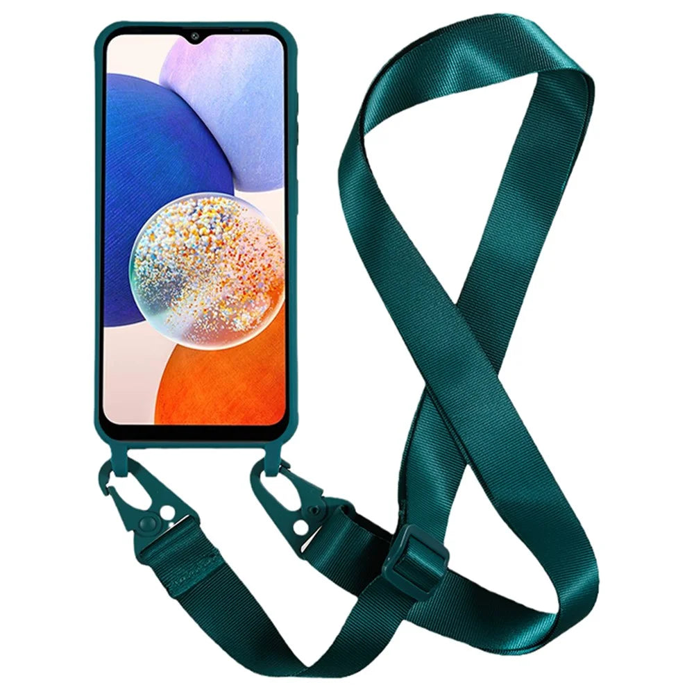 Soft TPU Phone Case for Samsung Galaxy A14 5G / A14 4G Matte Finish Shockproof Cover with Wide Lanyard - Dark Green - 2