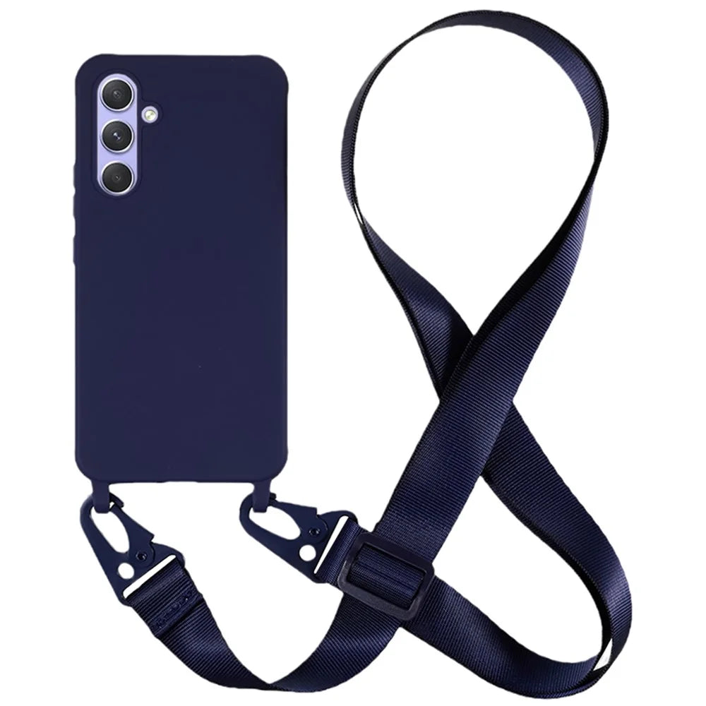 For Samsung Galaxy A54 5G Soft TPU Case Matte Finish Phone Protector with Wide Lanyard - Dark Blue - 1