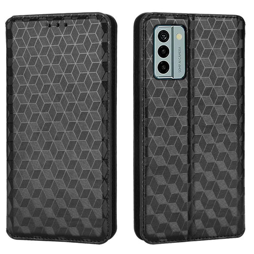 For Nokia G22 PU Leather Wallet Stand Phone Cover Rhombus Pattern Imprinted Phone Case - Black - 1