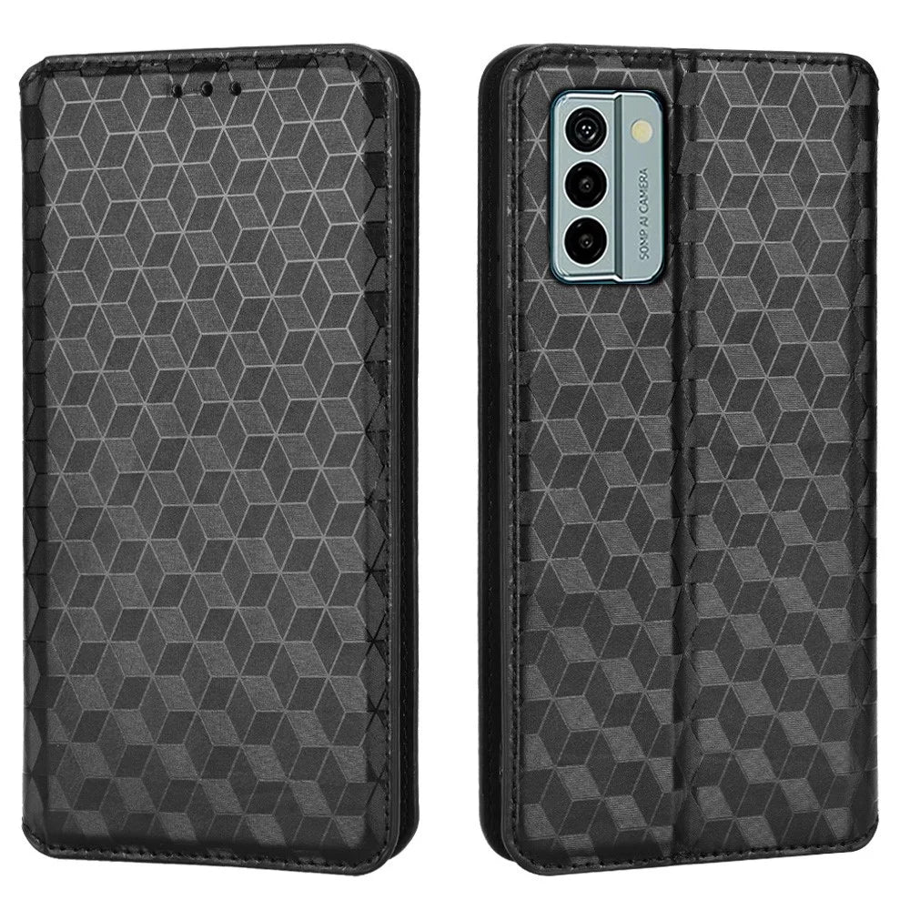 For Nokia G22 PU Leather Wallet Stand Phone Cover Rhombus Pattern Imprinted Phone Case - Black - 1