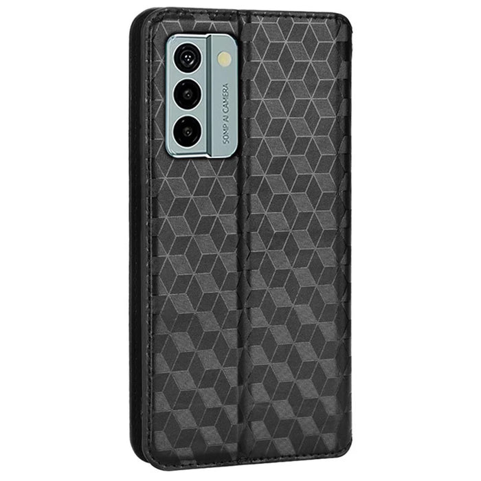 For Nokia G22 PU Leather Wallet Stand Phone Cover Rhombus Pattern Imprinted Phone Case - Black - 6