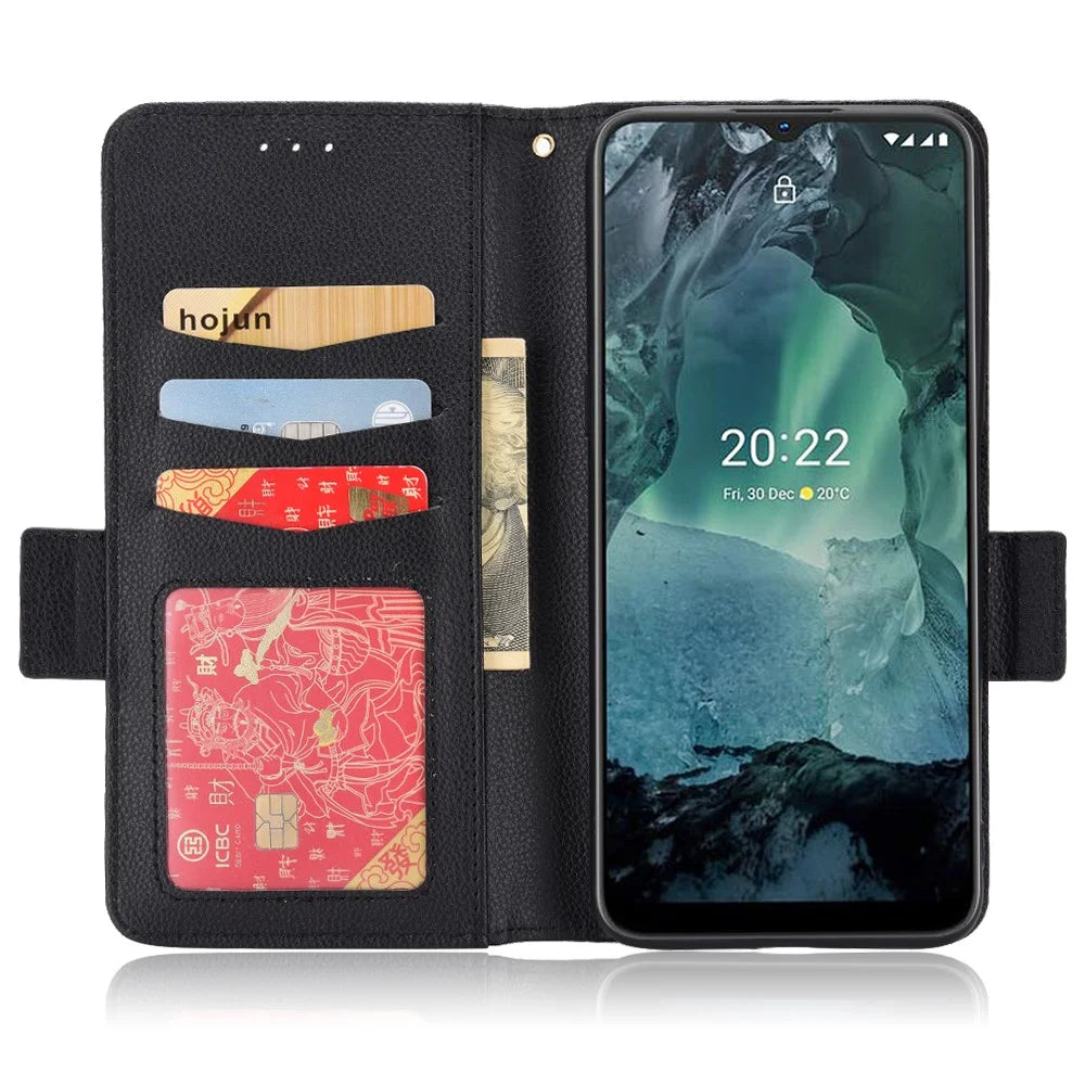 Litchi Texture Phone Case for Nokia G22 , PU Leather Wallet Stand Phone Cover - Black - 3