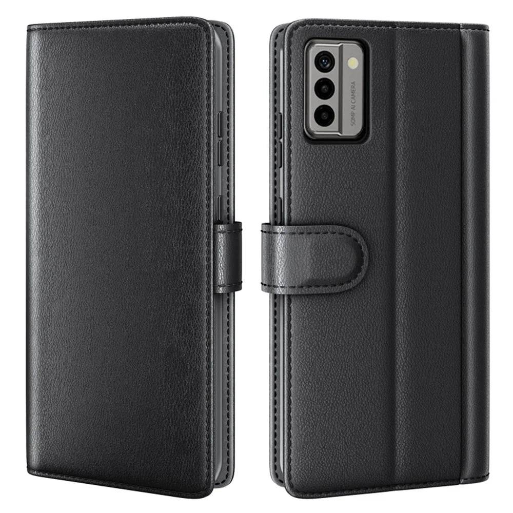 For Nokia G22 4G Genuine Cow Leather Wallet Phone Case Folding Stand Protective Cover - Black - 1