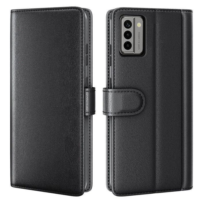 For Nokia G22 4G Genuine Cow Leather Wallet Phone Case Folding Stand Protective Cover - Black - 1