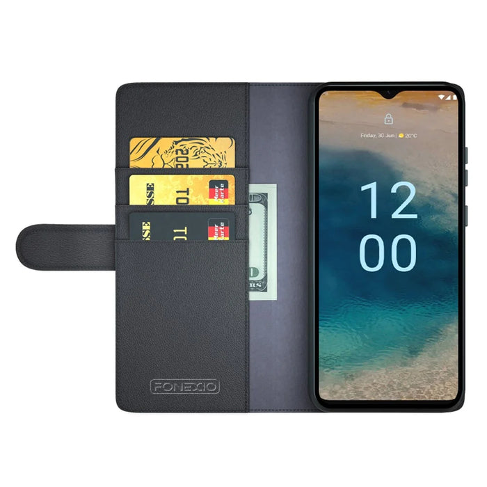 For Nokia G22 4G Genuine Cow Leather Wallet Phone Case Folding Stand Protective Cover - Black - 2