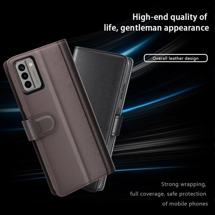 For Nokia G22 4G Genuine Cow Leather Wallet Phone Case Folding Stand Protective Cover - Black - 4