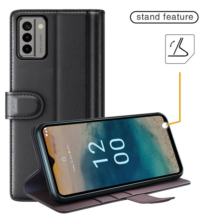 For Nokia G22 4G Genuine Cow Leather Wallet Phone Case Folding Stand Protective Cover - Black - 6