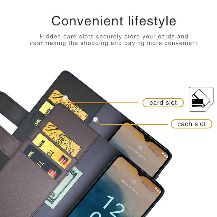 For Nokia G22 4G Genuine Cow Leather Wallet Phone Case Folding Stand Protective Cover - Black - 7
