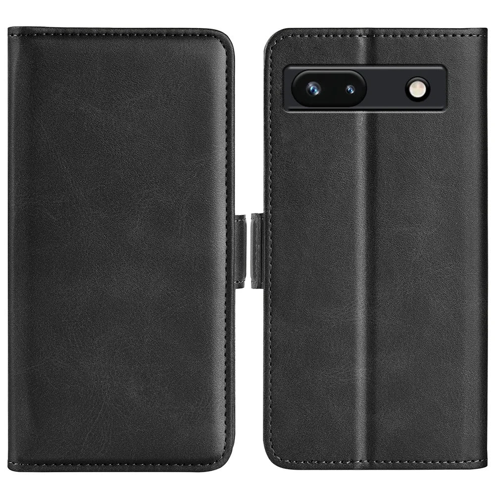 Flip Shell for Google Pixel 7a Calf Texture Cell Phone Cover Stand Wallet PU Leather Phone Case - Black - 1