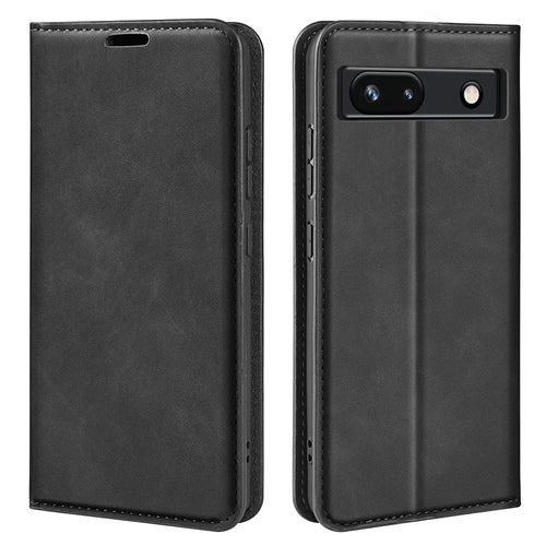 For Google Pixel 7a Magnetic Auto Closing Wallet Leather Phone Case Skin-touch Stand Anti-drop Shell - Black - 1