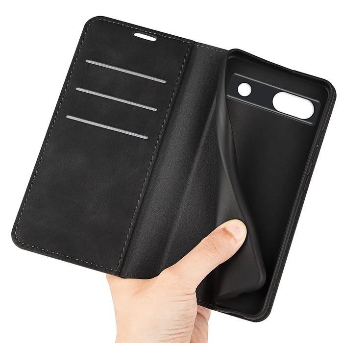For Google Pixel 7a Magnetic Auto Closing Wallet Leather Phone Case Skin-touch Stand Anti-drop Shell - Black - 5