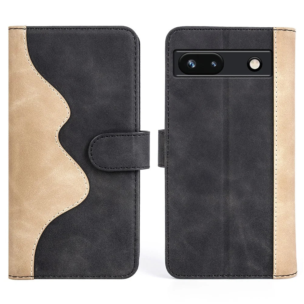 For Google Pixel 7a Leather Wallet Shockproof Phone Cover Dual Color Splicing Flip Stand Case - Black - 1