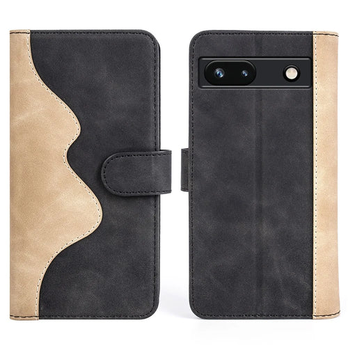 For Google Pixel 7a Leather Wallet Shockproof Phone Cover Dual Color Splicing Flip Stand Case - Black - 1