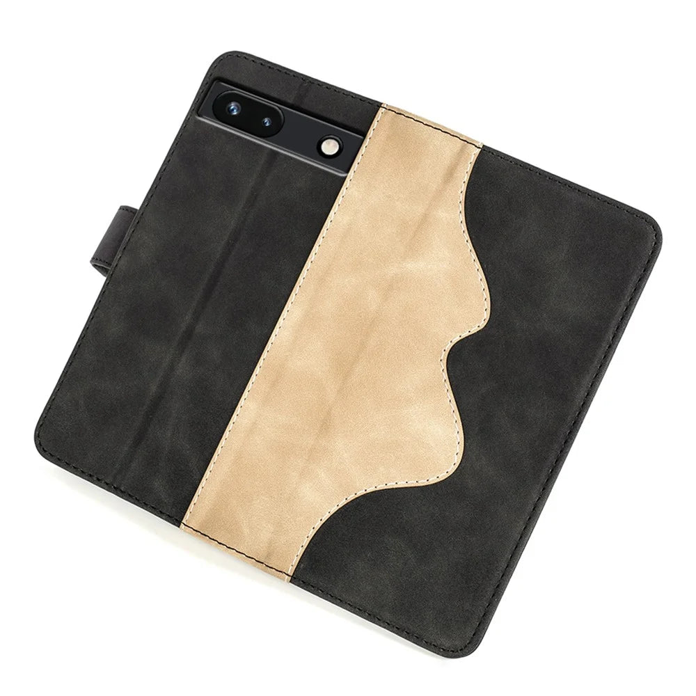 For Google Pixel 7a Leather Wallet Shockproof Phone Cover Dual Color Splicing Flip Stand Case - Black - 4
