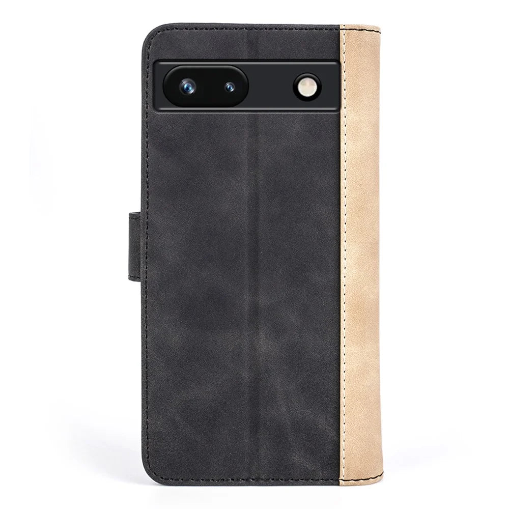 For Google Pixel 7a Leather Wallet Shockproof Phone Cover Dual Color Splicing Flip Stand Case - Black - 6