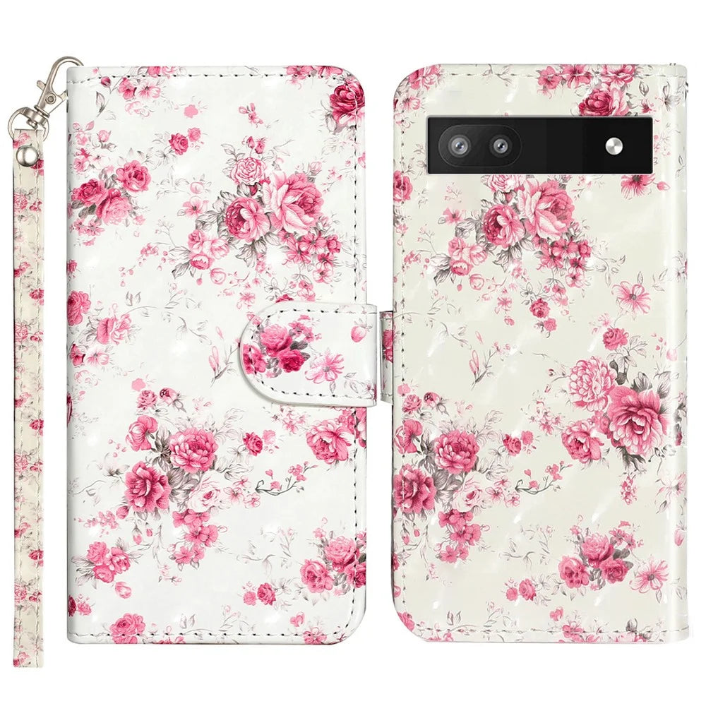 For Google Pixel 7a PU Leather 3D Pattern Printing Phone Case Stand Wallet Flip Cover with Strap - Roses - 1