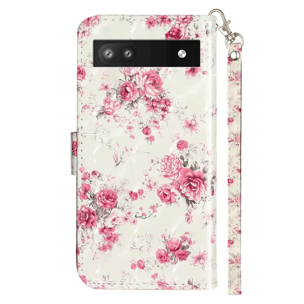 For Google Pixel 7a PU Leather 3D Pattern Printing Phone Case Stand Wallet Flip Cover with Strap - Roses - 7