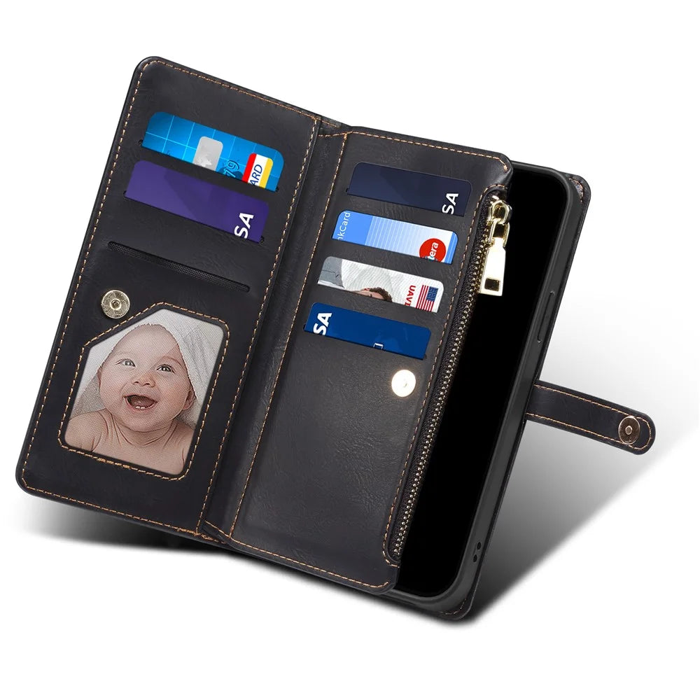ESEBLE for Samsung Galaxy M54 5G / F54 5G RFID Blocking Leather Phone Case Zipper Pocket Wallet Stand Cover - Black - 5