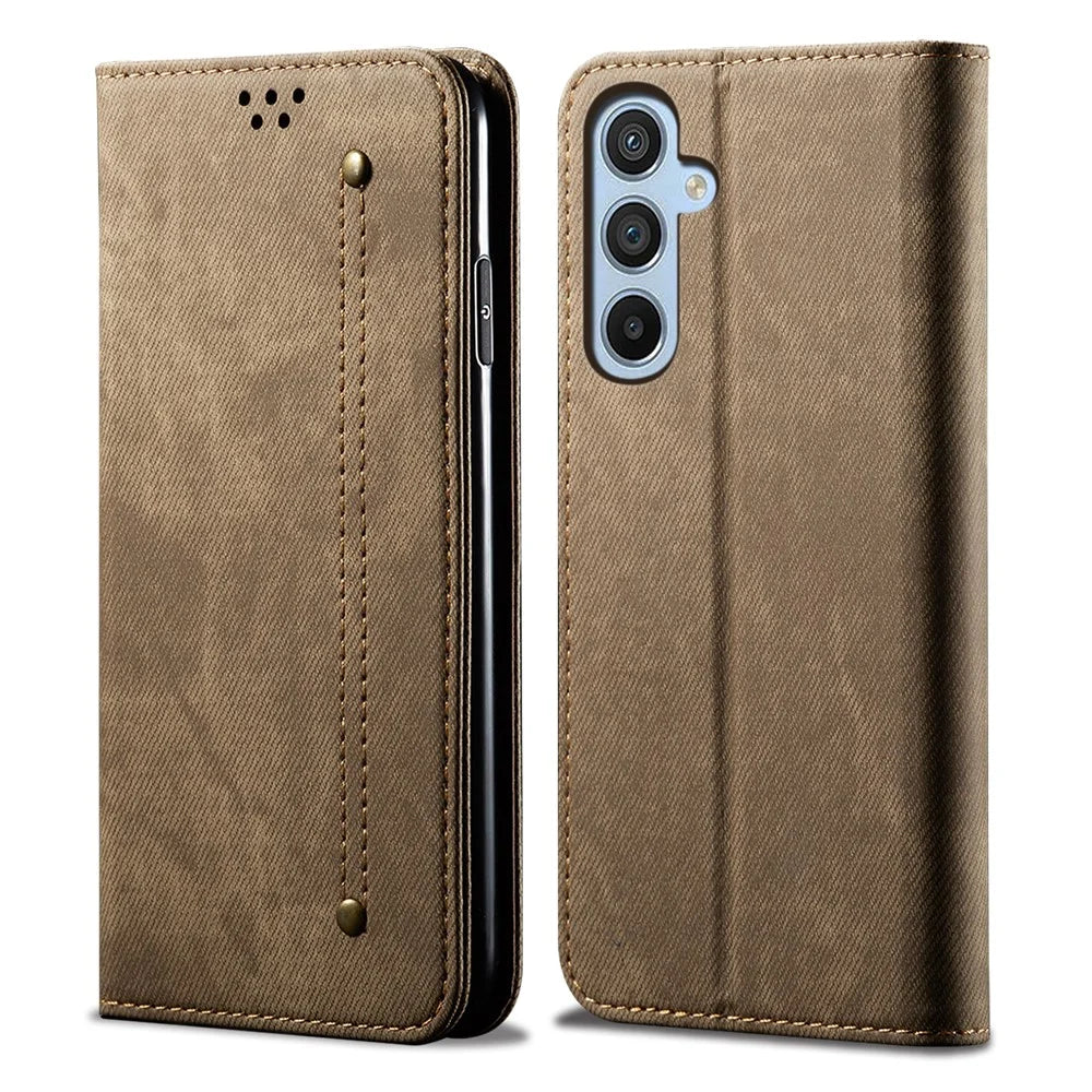 For Samsung Galaxy M54 5G / F54 5G Anti-Scratch Phone Case PU Leather Jeans Cloth Texture Wallet Stand Phone Cover - Khaki - 1