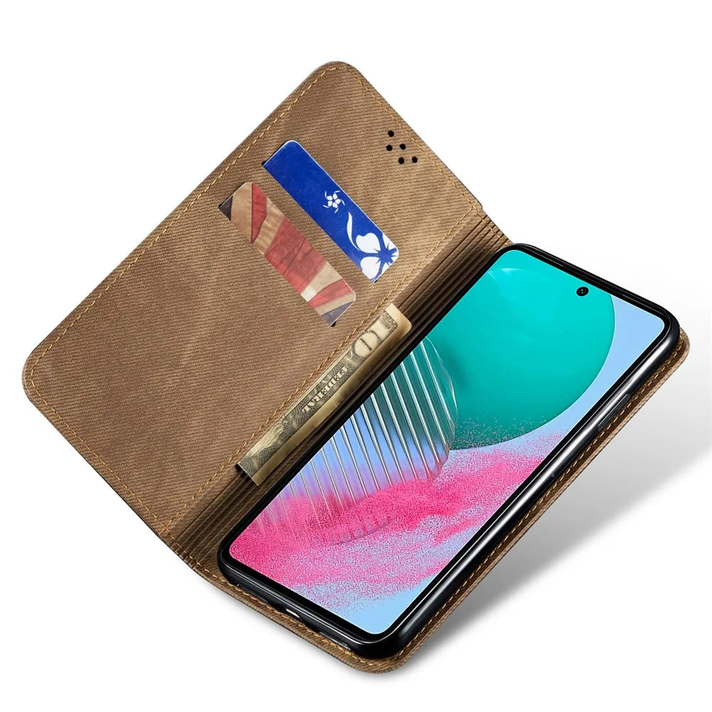 For Samsung Galaxy M54 5G / F54 5G Anti-Scratch Phone Case PU Leather Jeans Cloth Texture Wallet Stand Phone Cover - Khaki - 2