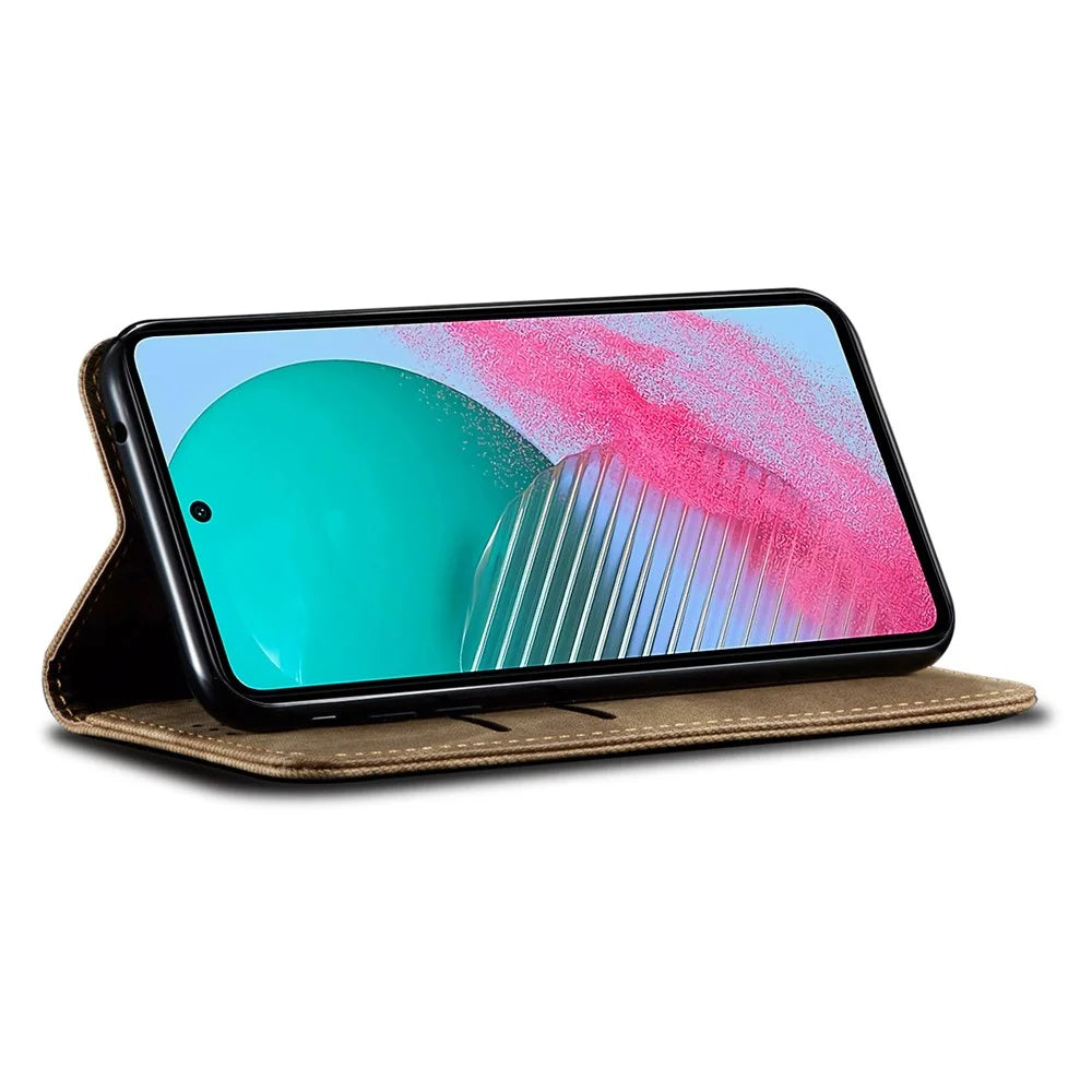 For Samsung Galaxy M54 5G / F54 5G Anti-Scratch Phone Case PU Leather Jeans Cloth Texture Wallet Stand Phone Cover - Khaki - 3
