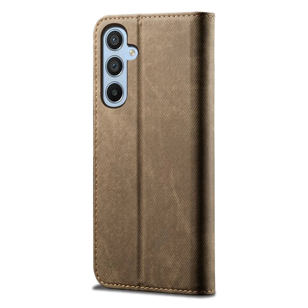 For Samsung Galaxy M54 5G / F54 5G Anti-Scratch Phone Case PU Leather Jeans Cloth Texture Wallet Stand Phone Cover - Khaki - 6