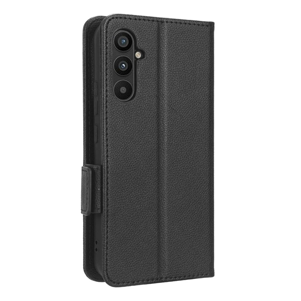 For Samsung Galaxy M14 5G Dual Magnetic Clasp Cover Wallet Stand Litchi Texture PU Leather+TPU Phone Case - Black - 5