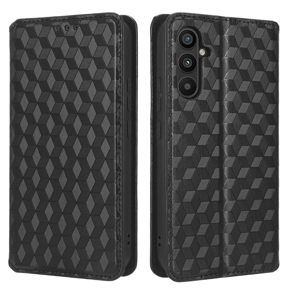 For Samsung Galaxy M14 5G Stand Phone Cover Wallet Imprinted Rhombus Pattern PU Leather+TPU Phone Case - Black - 1