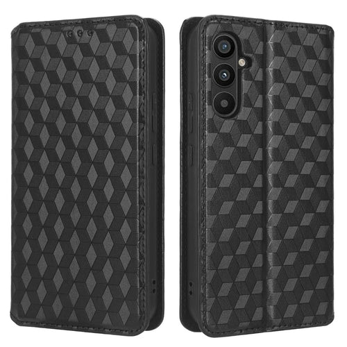 For Samsung Galaxy M14 5G Stand Phone Cover Wallet Imprinted Rhombus Pattern PU Leather+TPU Phone Case - Black - 1