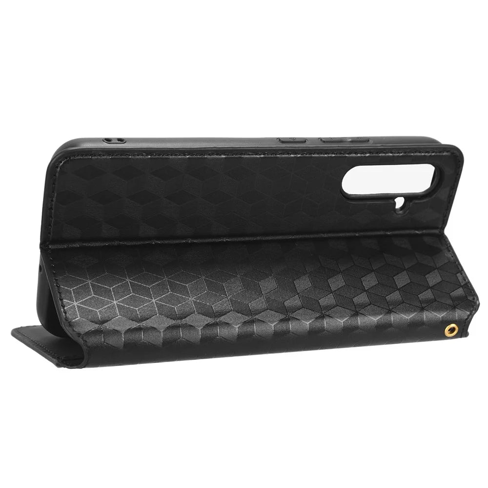 For Samsung Galaxy M14 5G Stand Phone Cover Wallet Imprinted Rhombus Pattern PU Leather+TPU Phone Case - Black - 3