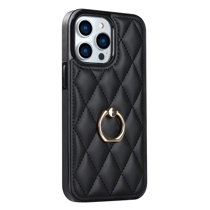 For iPhone 12 Pro / 12 PU Leather+TPU Cell Phone Case Shockproof Kickstand Phone Cover - Black - 1
