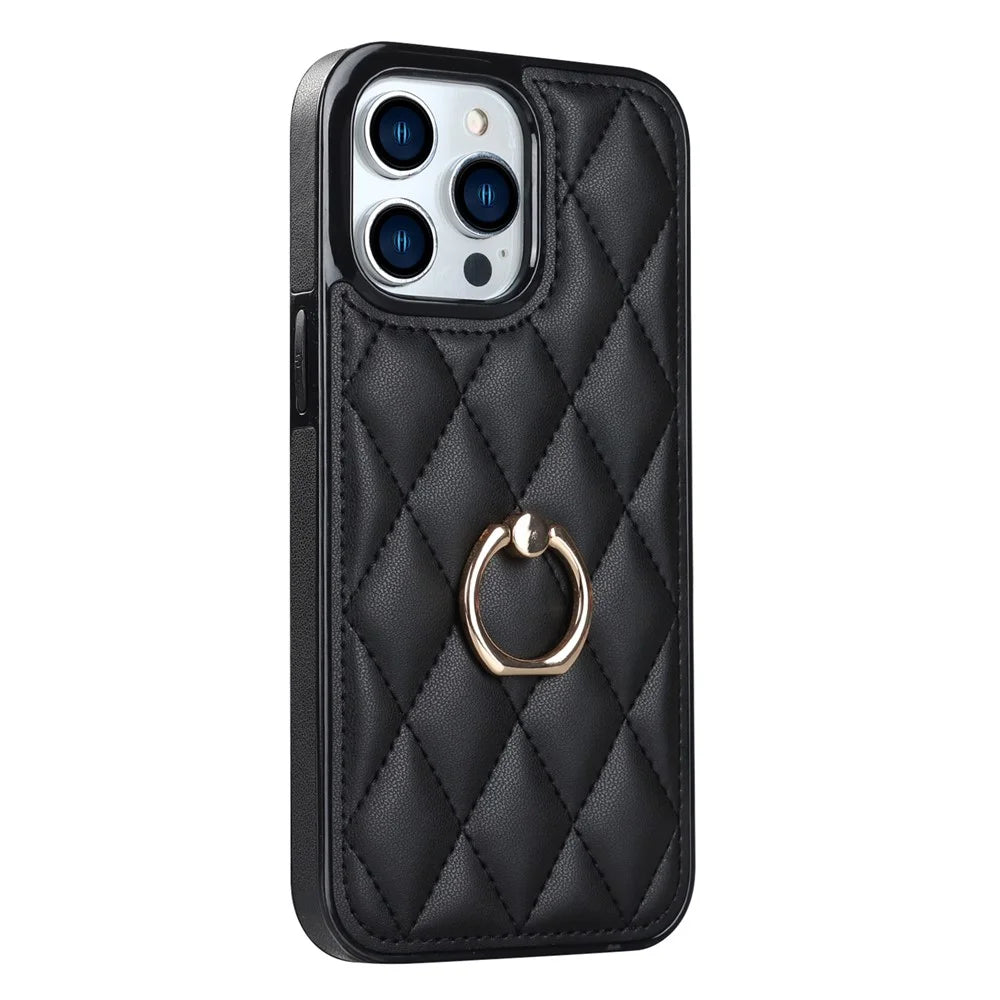 For iPhone 12 Pro Max Anti-Dust PU Leather+TPU Phone Case Stitching Rhombus Ring Holder Kickstand Phone Shell - Black - 1