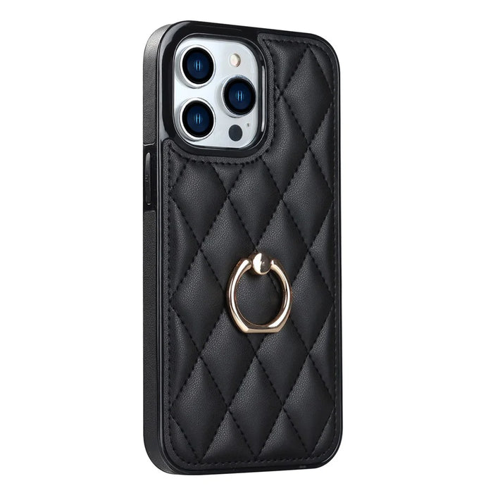 For iPhone 12 Pro Max Anti-Dust PU Leather+TPU Phone Case Stitching Rhombus Ring Holder Kickstand Phone Shell - Black - 1