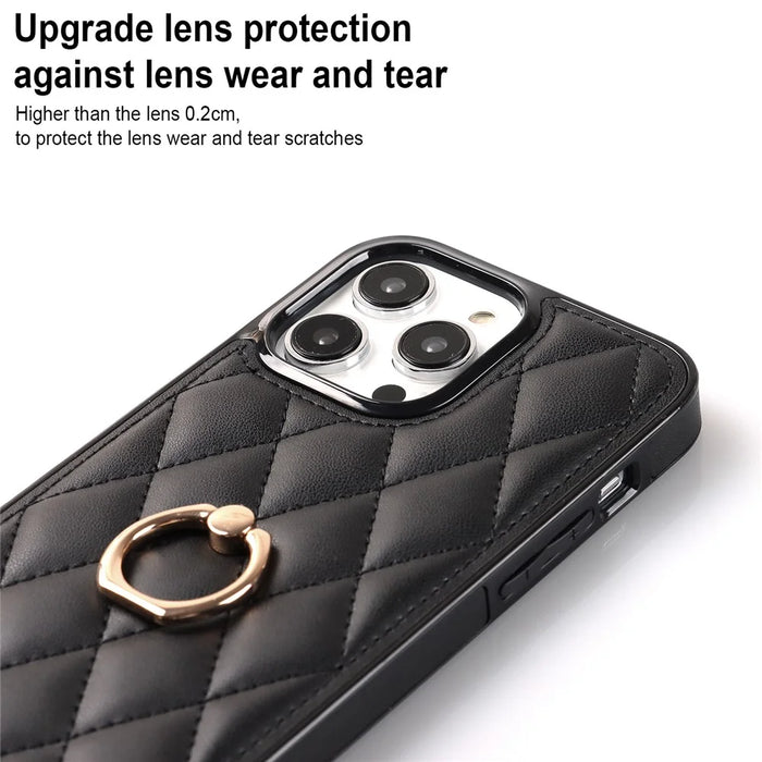For iPhone 12 Pro Max Anti-Dust PU Leather+TPU Phone Case Stitching Rhombus Ring Holder Kickstand Phone Shell - Black - 4