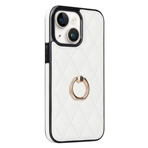 For iPhone 13 mini 5.4 inch Anti-Scratch Phone Cover Stitching Rhombus PU Leather+TPU Phone Case with Ring Holder Kickstand - White - 1