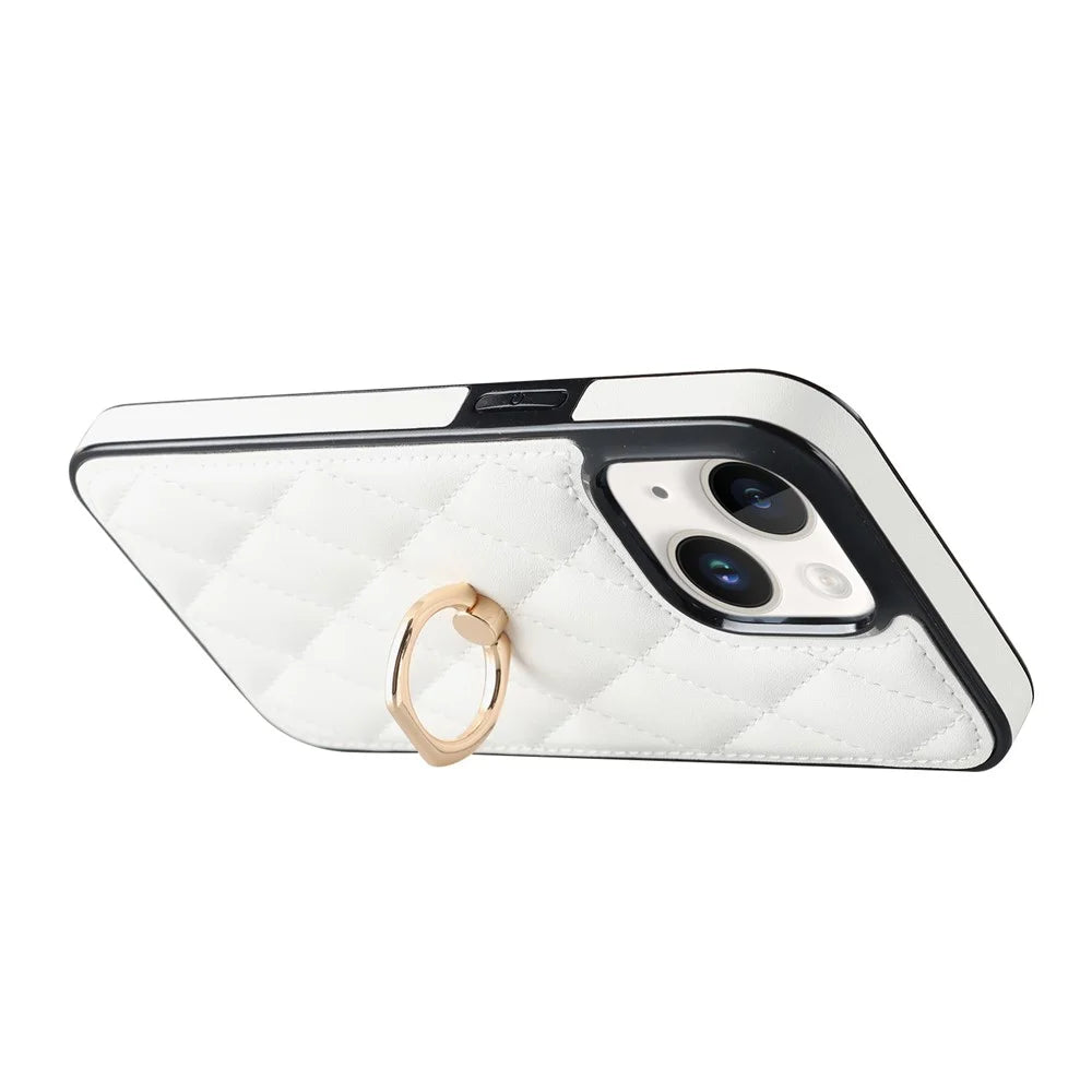 For iPhone 13 mini 5.4 inch Anti-Scratch Phone Cover Stitching Rhombus PU Leather+TPU Phone Case with Ring Holder Kickstand - White - 2