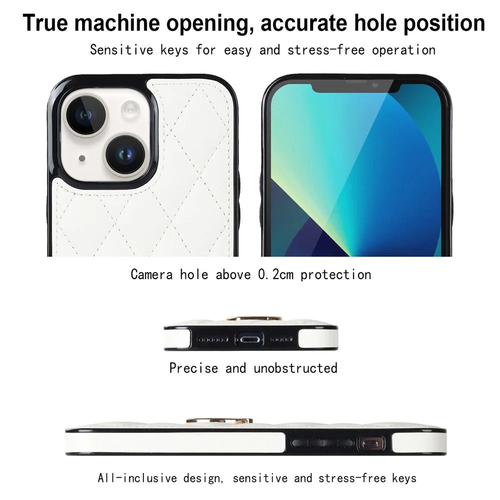 For iPhone 13 mini 5.4 inch Anti-Scratch Phone Cover Stitching Rhombus PU Leather+TPU Phone Case with Ring Holder Kickstand - White - 3