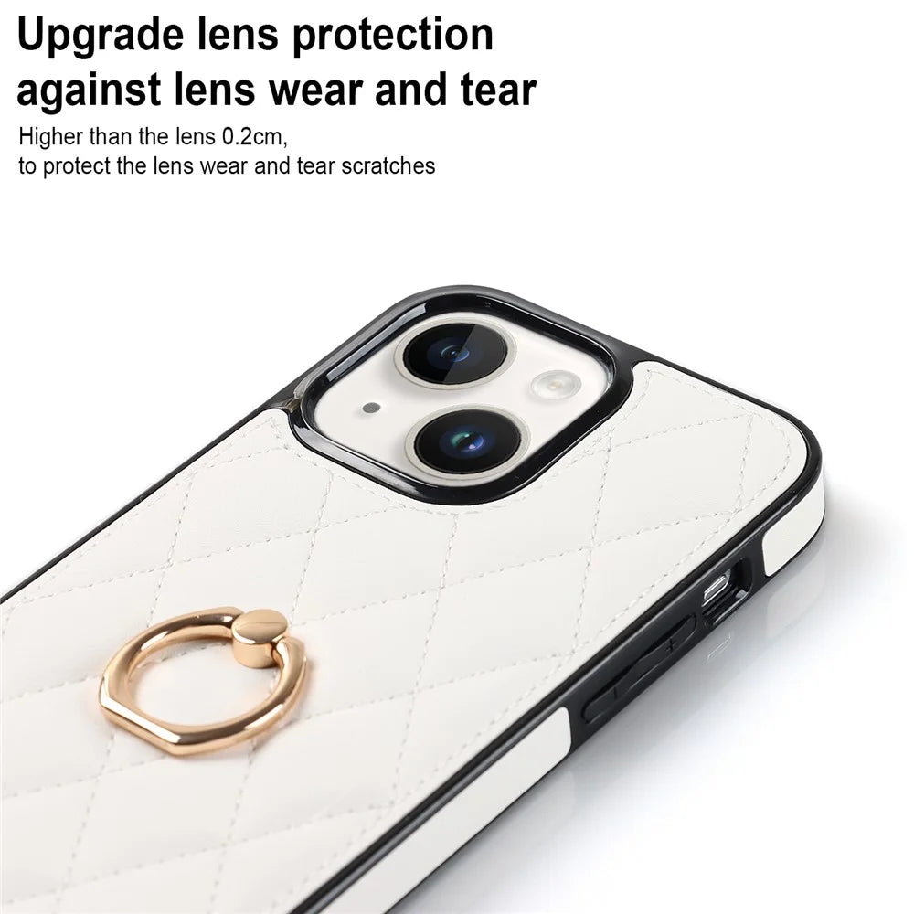 For iPhone 13 mini 5.4 inch Anti-Scratch Phone Cover Stitching Rhombus PU Leather+TPU Phone Case with Ring Holder Kickstand - White - 4