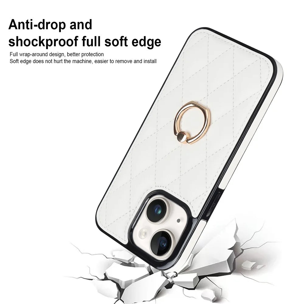 For iPhone 13 mini 5.4 inch Anti-Scratch Phone Cover Stitching Rhombus PU Leather+TPU Phone Case with Ring Holder Kickstand - White - 5