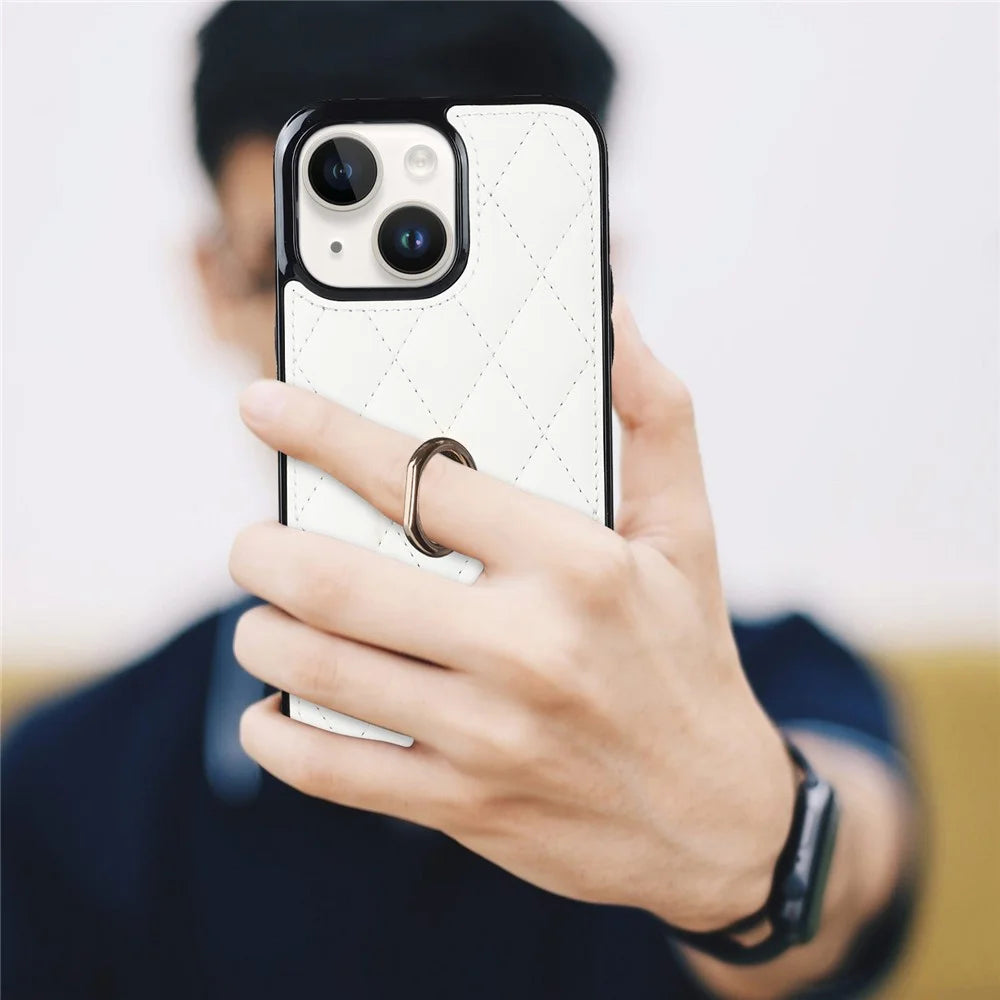For iPhone 13 mini 5.4 inch Anti-Scratch Phone Cover Stitching Rhombus PU Leather+TPU Phone Case with Ring Holder Kickstand - White - 7