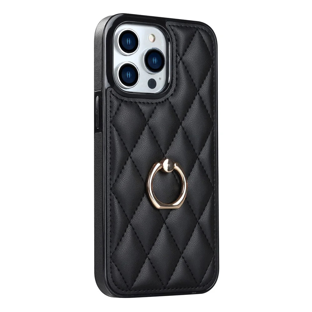 PU Leather+TPU Phone Case for iPhone 13 Pro Max , Stitching Rhombus Ring Holder Kickstand Phone Cover - Black - 1
