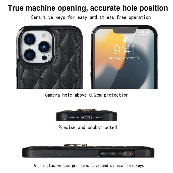PU Leather+TPU Phone Case for iPhone 13 Pro Max , Stitching Rhombus Ring Holder Kickstand Phone Cover - Black - 3