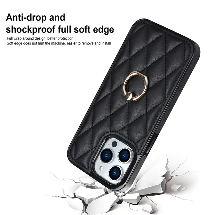 PU Leather+TPU Phone Case for iPhone 13 Pro Max , Stitching Rhombus Ring Holder Kickstand Phone Cover - Black - 5
