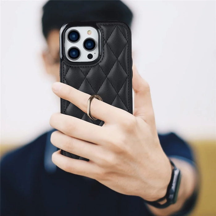 PU Leather+TPU Phone Case for iPhone 13 Pro Max , Stitching Rhombus Ring Holder Kickstand Phone Cover - Black - 7