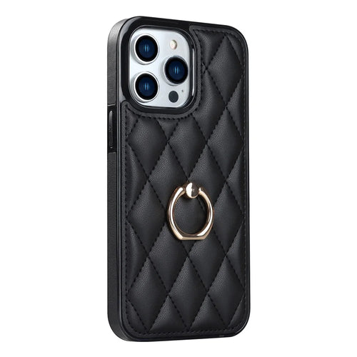 For iPhone 13 Pro 6.1 inch Stitching Rhombus Ring Holder PU Leather+TPU Phone Case Kickstand Phone Cover - Black - 1