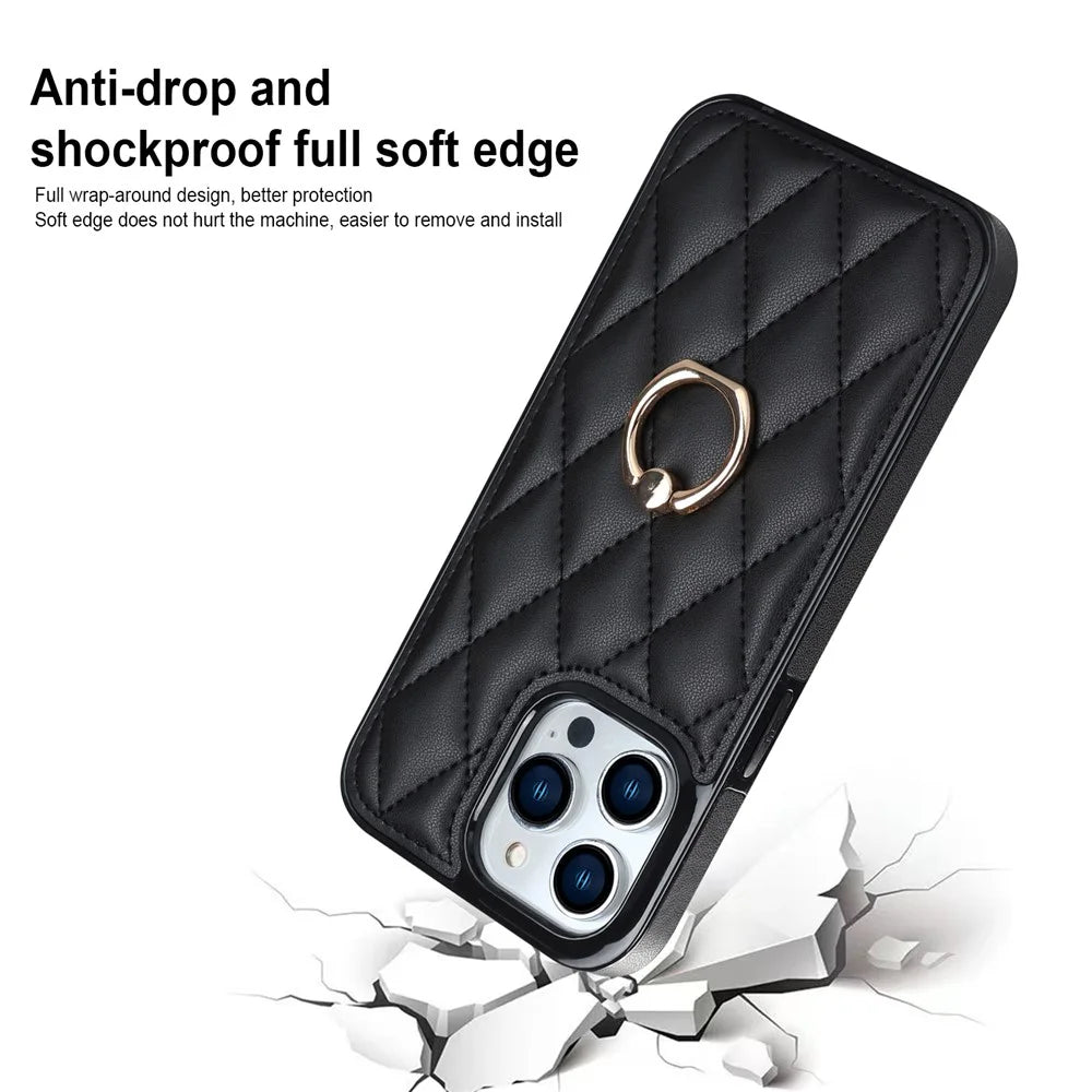 For iPhone 13 Pro 6.1 inch Stitching Rhombus Ring Holder PU Leather+TPU Phone Case Kickstand Phone Cover - Black - 5